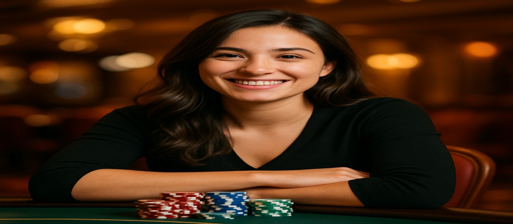 bd9-এ খেলার প্ল্যাটফর্মে একটি হাসিখুশি মেয়ে কার্ড টেবিলে সামনে চিপস ও কার্ডসহ বিস্তৃত খেলার সম্ভার প্রস্তাব করেন