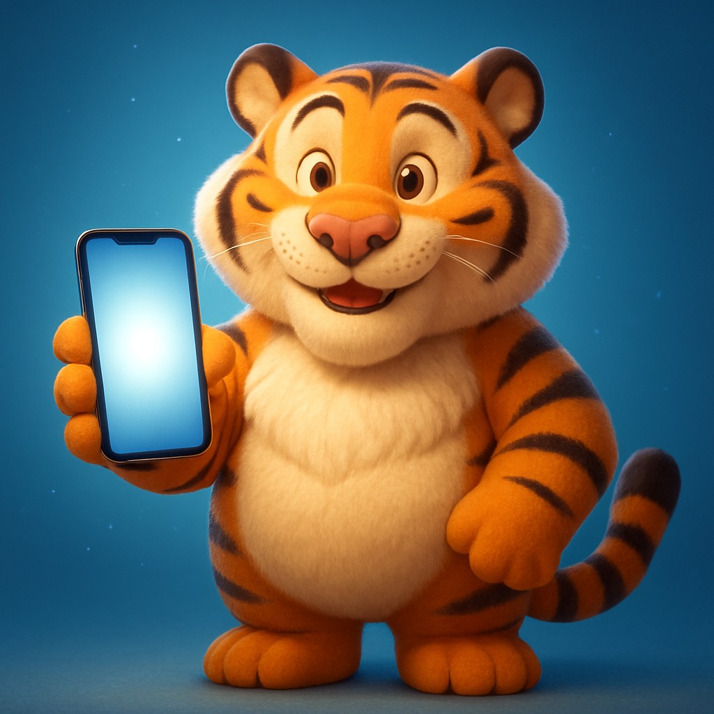 একটি স্মার্টফোনে bd9 অ্যাপ ব্যবহার করছে এমন একটি কার্টুন বাঘশাবকের দৃশ্য