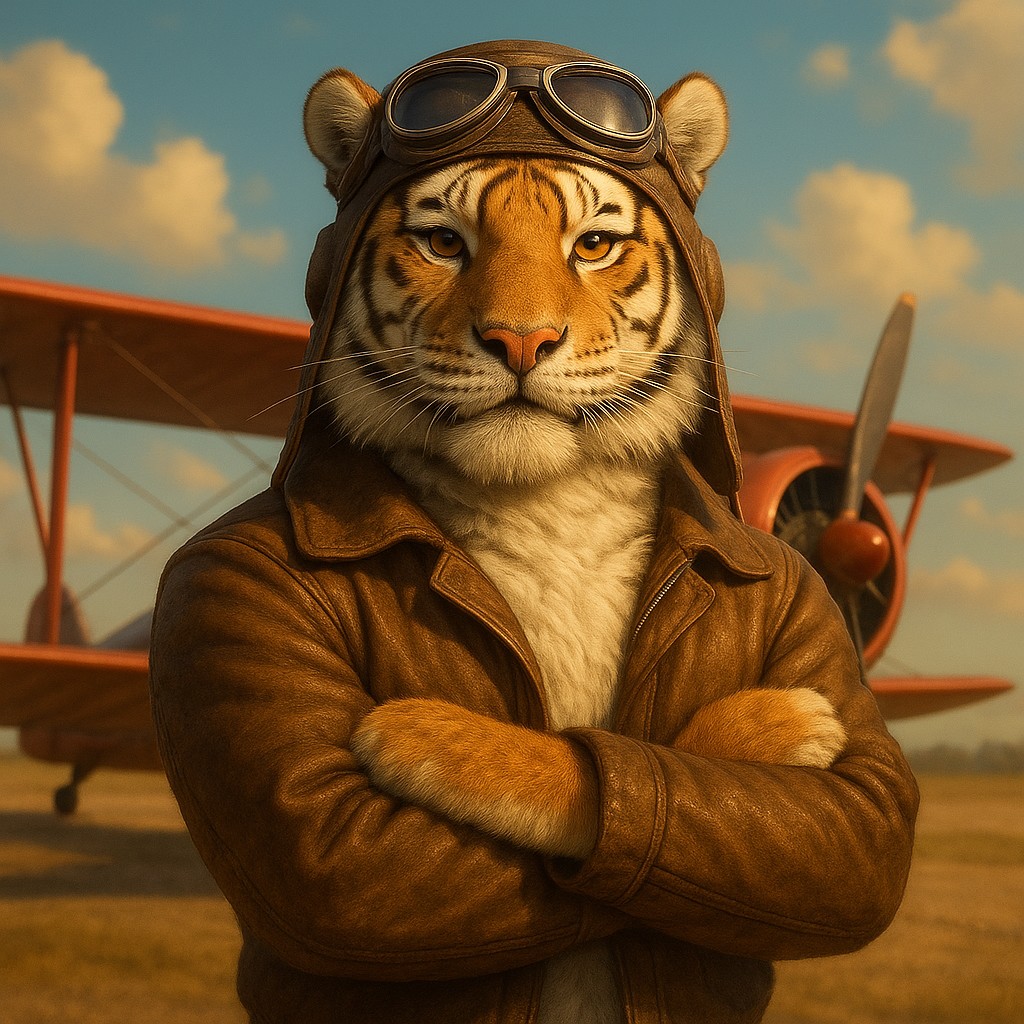 এভিয়েটর গেমের প্রতীকের রূপ হিসেবে লাল বিমানের পাশে দাঁড়িয়ে থাকা টাইগার পাইলট