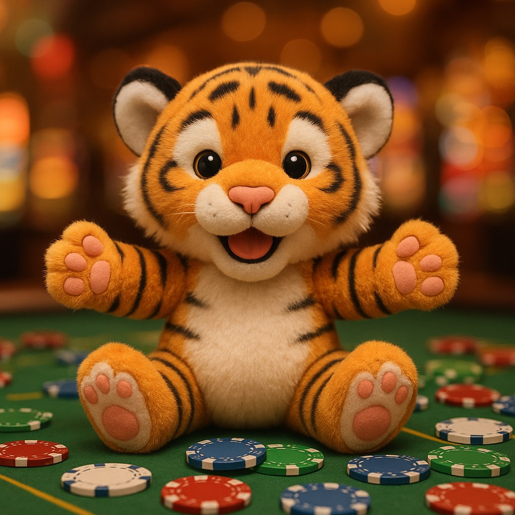 একটি ছোট বাঘের শাবক একটি টেবিলের ওপর খেলার চিপসসহ বসে আছে