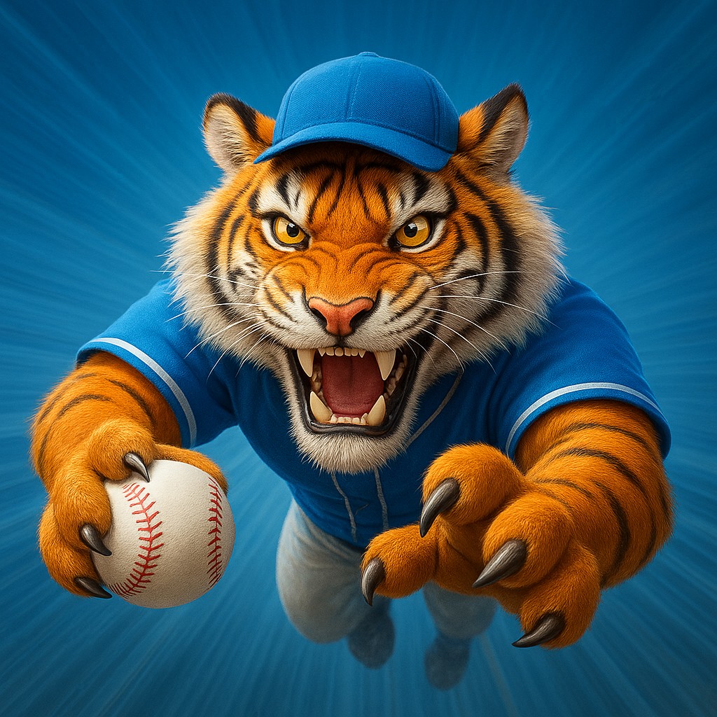 bd9-র ক্রিকেট গেমিংয়ের প্রতীক হিসেবে ইউনিফর্ম পরা ও হাতে বল ধরে হাসিখুশি টাইগার শাবক।