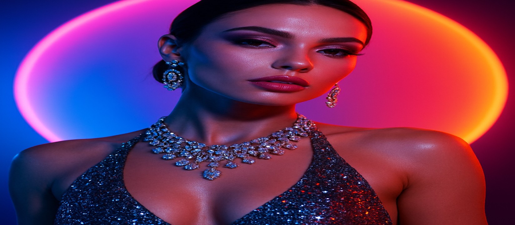 bd9–এর রঙিন গেমিং প্ল্যাটফর্মের সামনে উজ্জ্বল পোশাকে একজন নারী দাঁড়িয়ে