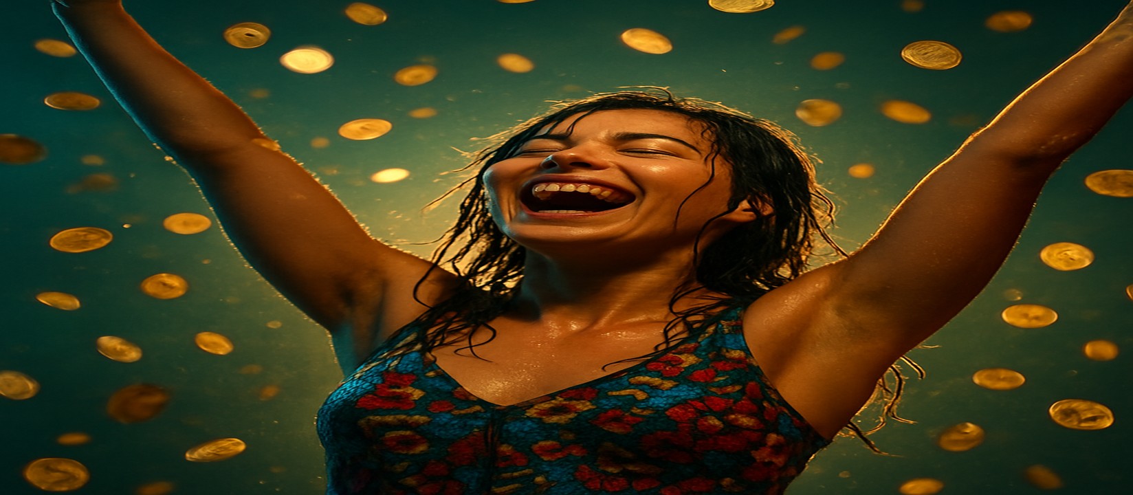 মুদ্রার ঝরনার মাঝে রঙিন পোশাকে এক নারী