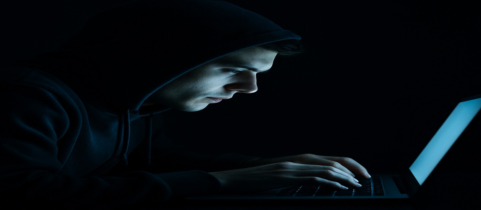 অন্ধকার ঘরে ল্যাপটপে মনোযোগ কেন্দ্রীভূত করে bd9 ওয়েবসাইটে অনলাইন গেম খেলছেন একজন ব্যক্তি।